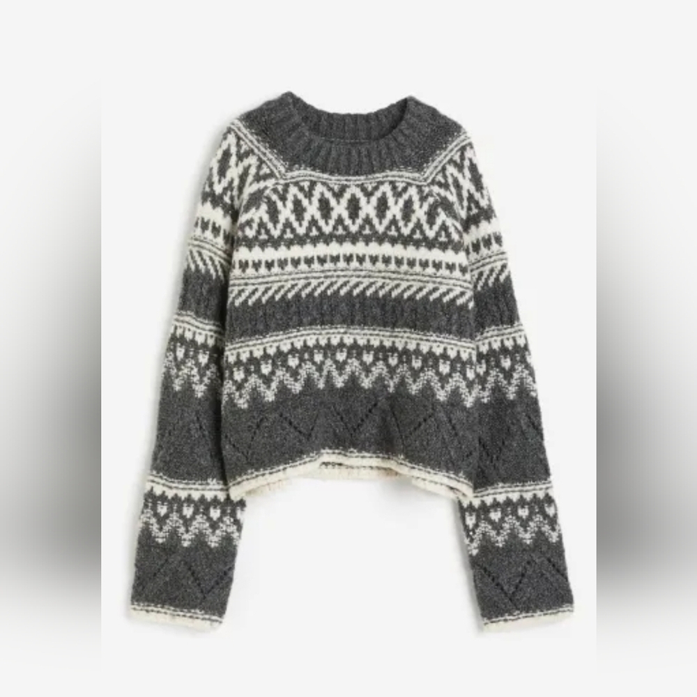 🪅 H&M Women Jacquard Knit Grey White thick  Round Neck Sweater